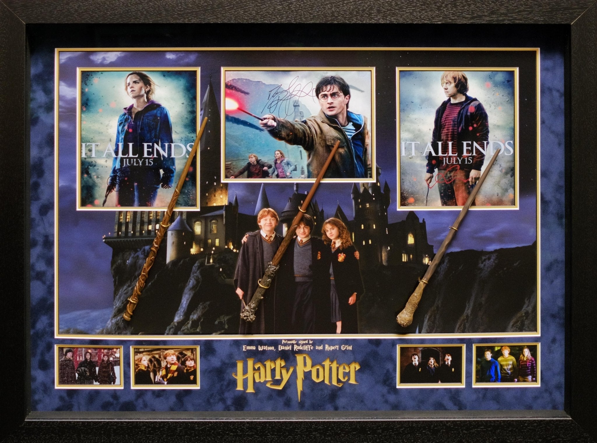 Harry Potter, Ron and Hermione Signed Framed Display with Wands - Memorabilia Framers Shop